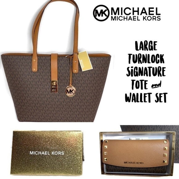 Michael Kors MK Signature Brown Leather Bag Wallet - Picture 1 of 8